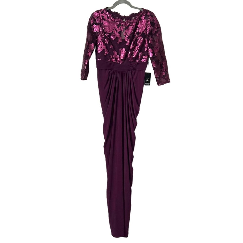 NWT Adrianna Papell Sequin Illusion 3/4 Sleeve Ruched Skirt Gown - Picture 2 of 10